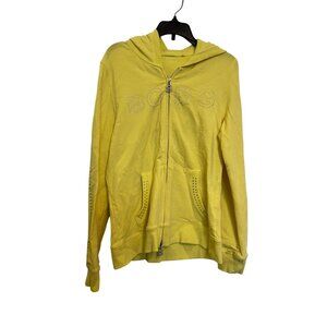 BCBG Yellow Hoodie Women’s Large Rhinestone Detail Full Zip Hooded Sweatshirt
